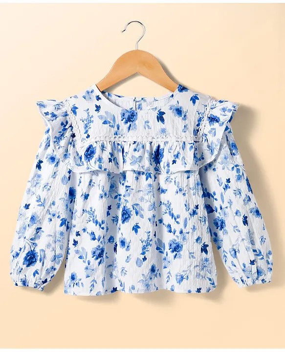 Kookie Kids India Kookie Kids Woven Full Sleeve Top with Neck Frill Lace Detailing & Floral Print - White & Light Blue